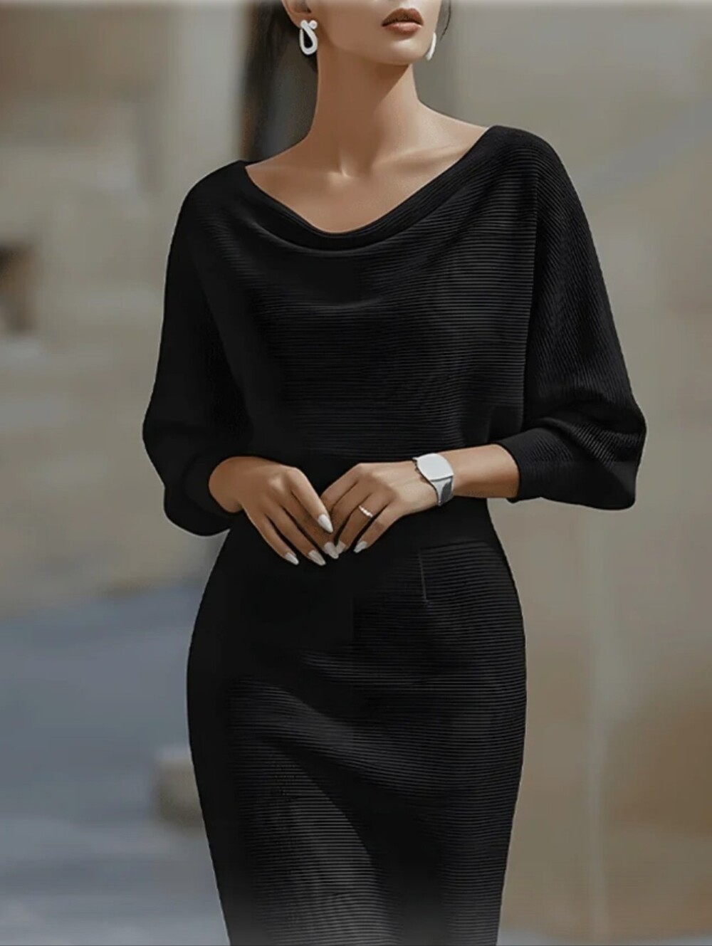 Elegant Black Boatneck Knit Dress
